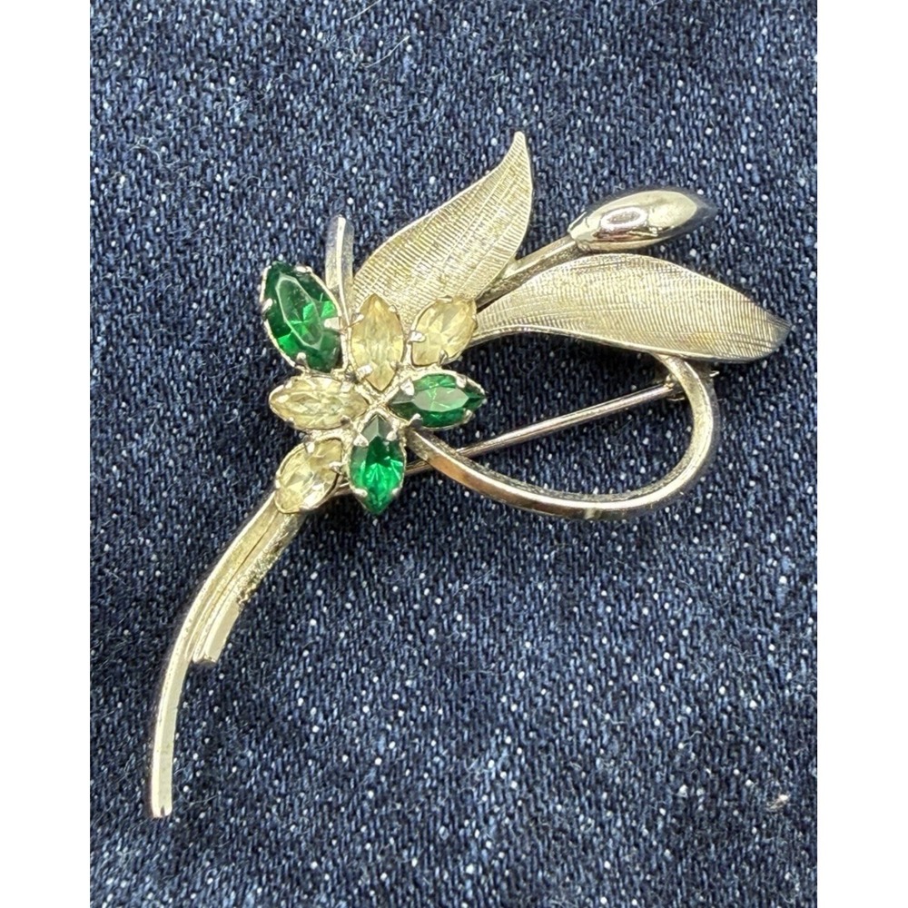 Vintage STAR ART Sterling Silver Flower Spray Brooch Pin Green Rhinestone 1950s